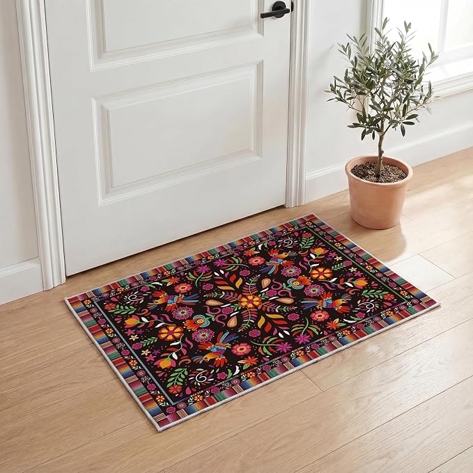 Artoid Mode Bird Dia De Los Muertos Mexican Fiesta Door Mat, Cinco De Mayo Home Decor Low-Profile Non-Slip Washable Throw Rug for Kitchen Entryway Front Door Bedroom Bathroom Indoor 2x3 Feet - skull floor mat