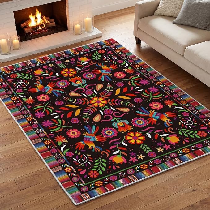 Artoid Mode Bird Dia De Los Muertos Mexican Fiesta Area Rug, Cinco De Mayo Home Decor Low-Profile Washable Large Rug for Living Room Bedroom Farmhouse Dining Room Kids Playroom 5×7 Feet