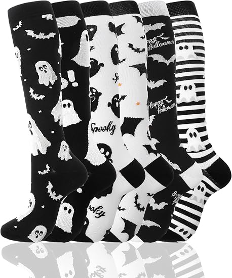 Fourluoo 6 Pairs Halloween Compression Socks Gothic Socks for Nurses - sugar skull costume