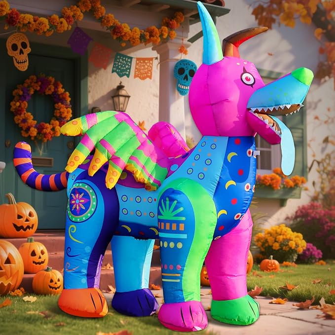 DomKom 6FT Halloween Inflatable Blow Up Decorations, Dia de Los Muertos Day of Dead Alebrije, Built-in LEDs for Holiday Party, Garden, Lawn, Yard, Patio Décor - skull inflatable