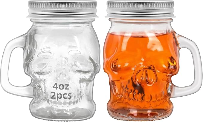 2 Pcs Skull 4 oz Mini Mason Jar Mugs Mason Jar Mugs with Handles and Lids Small Drinking Glass and DIY Favor Decor Wedding Bridal Shower Party Supplies for Drinks, Gifts, Candles and Crafts - skull candle
