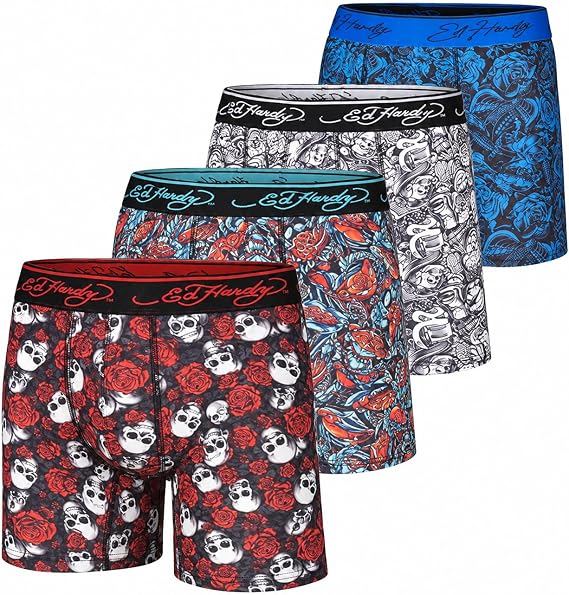ED HARDY Mens Boxer Briefs 4 Pack, Soft Fabric Underwear, Pull On Closure, Machine Washable Comfortable Stretch Boxers - skull swimsuit
