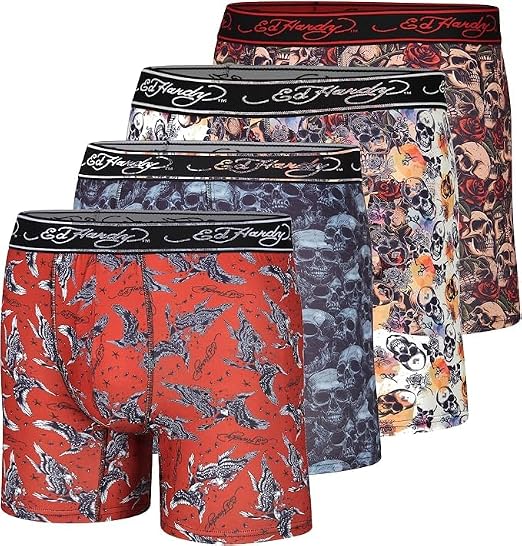ED HARDY Mens Boxer Briefs 4 Pack, Soft Fabric Underwear, Pull On Closure, Machine Washable Comfortable Stretch Boxers - skull swimsuit