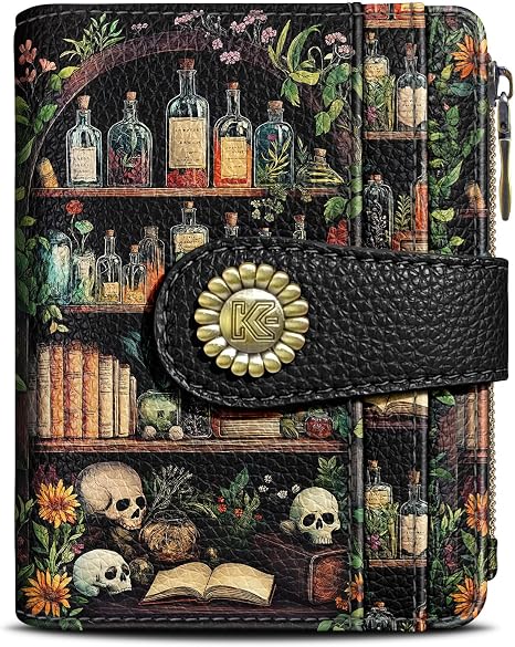 Kelvoris Bookshelves Skull Goth Small Rfid Women Wallet Zipper Coin Pocket