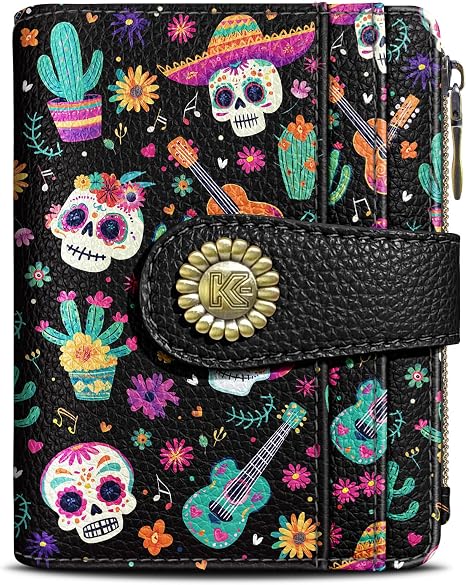 Kelvoris Skull Small Rfid Women Wallet Bifold Zipper Coin Pocket PU Leather - skull wallet