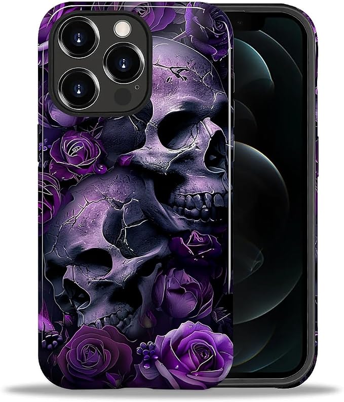 for iPhone 12/12 Pro Case,Girl Women Boy Hard Hybrid Shell Shockproof Silicone Full Body Protective Glossy Case for iPhone 12/12 Pro Purple Skull Rose Pattern - Skull phone case