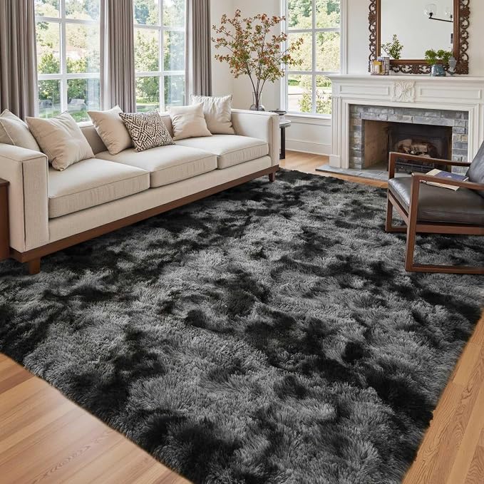 6x9 Ft Large Shag Rugs for Living Room Decor, Tie-Dyed Ultra Soft Fluffy Furry Area Rugs for Bedroom Indoor Floor, Aesthetic Carpet for Kids Home (Dark Grey) - skull carpet
