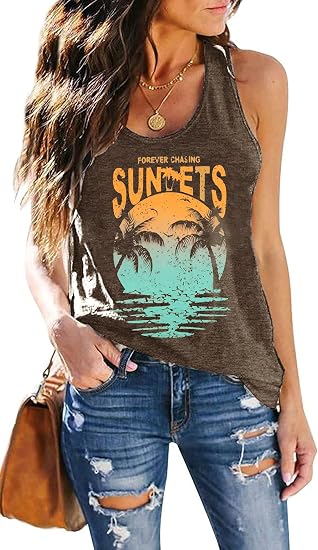 Womens Vintage Graphic Racerback Tank Tops Summer Beach Vacation Tank Cami Casual Loose Workout Yoga Tanks Vest - skull tank tops