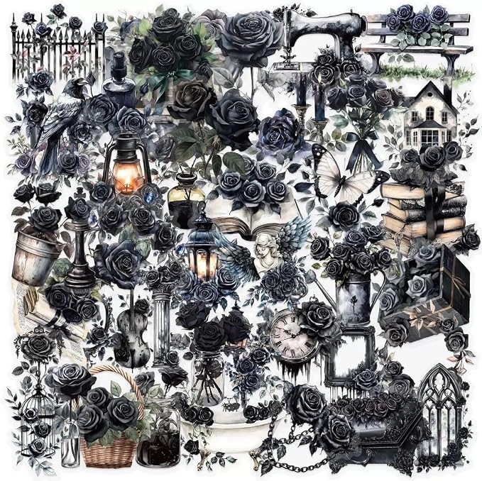 50 PCS Gothic Transparent Stickers - Dark Romance Roses Waterproof PET Stickers Aesthetic for Scrapbooking, Laptops, Water Bottles, Journals, DIY Crafts - skull sticker