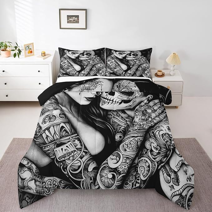 Erosebridal Boho Skull Couple Queen Bedding Set for Kids Teen Adults - skull bedding