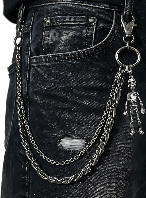 ZEKEE Pants Chain and Wallet Chain for Men Women, Skull & Retro Punk Chain for Jeans, Biker Streetwear Keychain Accessory - skull jacket