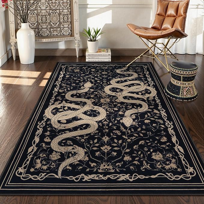 LIVEBOX Washable Area Rug 3×5, Snake Entryway Rugs, Soft Carpet for Bedroom with Non-Slip Backing, Black Rug for Kitchen Laundry Room