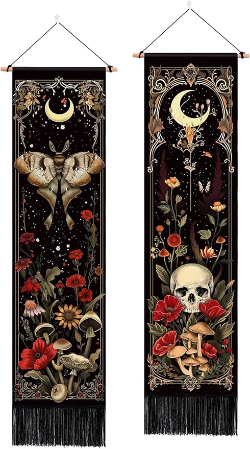 2 Pack Witchy Gothic Wall Decor, Moth Skull Tapestry for Room 12.8x51.2 in - skull wall art