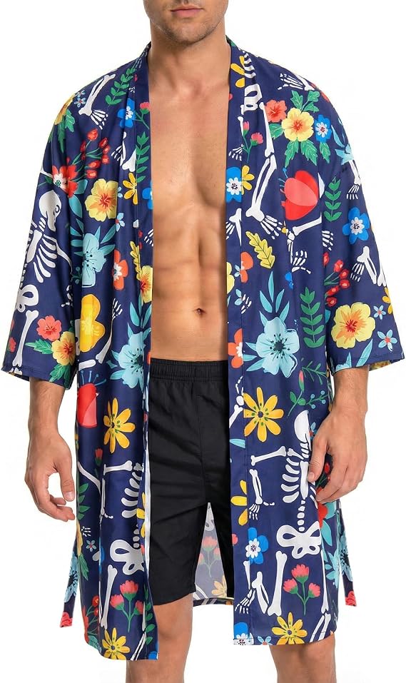 OLAOLA Men Lightweight Kimono Robe, Japanese Cardigan with Belt - skull pajamas