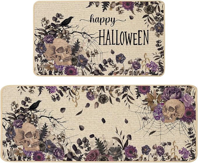 Halloween Skull Kitchen Rugs Set of 2, 17×29 and 17×47 Inch