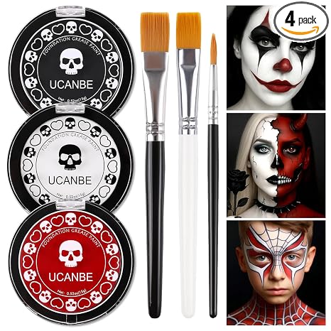 Goth White Foundation + Black Red Face Body Paint for Halloween Makeup, Face Painting Kit with Brushes Facepaint Set for Adults Clown Vampire Skull SFX Make Up Costume Cosplay Party Theater Stage