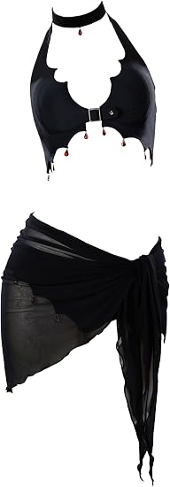 MEOWCOS Goth Bikini Bathing Suit Swimsuit Gothic Style Black Halter Bikini Set with Black Sarong Cover Up - skull swimsuit