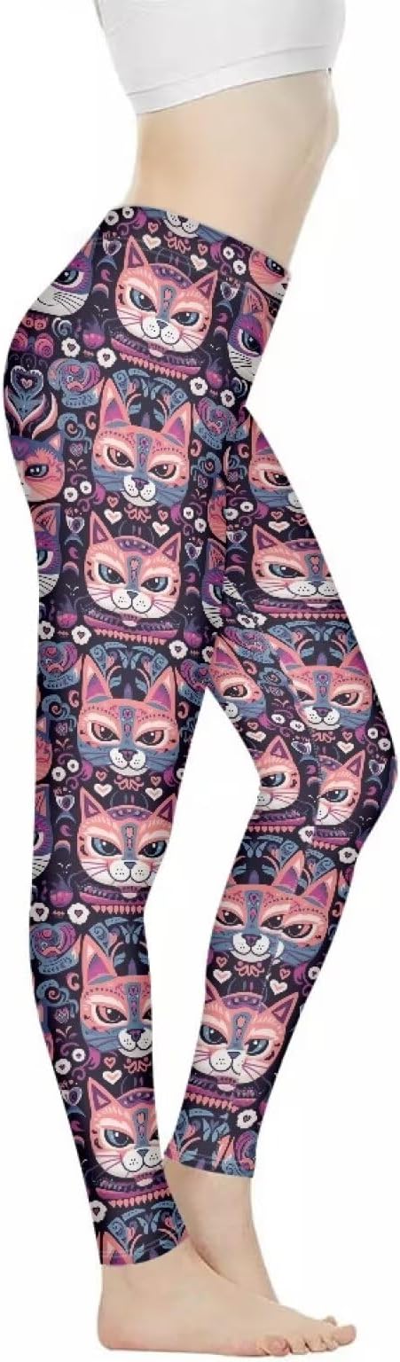 Cat Women's Soft High Waisted Yoga Pants, Cartoon Dinosaur Tummy Control Yoga Leggings Hibiscus Sport Legging - skull leggings