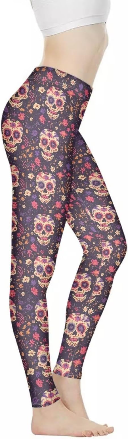 American Flag Women's High Waisted Leggings, Tie-Dye Casual Tummy Control Compression Yoga Pant Palm Tree Leggings - skull leggings