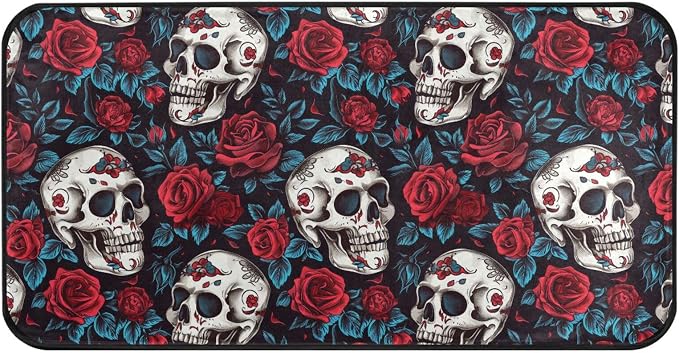 ALAZA Kitchen Mats, Day of The Dead Skull Rose Seamless Floor Mat for Kitchen, Bathroom, Bedroom, 39x20 inch - skull toilet mat