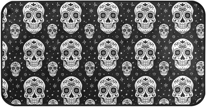 ALAZA Kitchen Mats, Sugar Skull The Day of Dead Black White Floor Mat for Kitchen, Bathroom, Bedroom, 39x20 inch - skull toilet mat