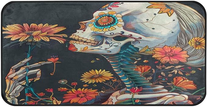 ALAZA Kitchen Mats, Skull Girl Sunflower Flower Day of The Dead Floor Mat for Kitchen, Bathroom, Bedroom, 39x20 inch - skull toilet mat