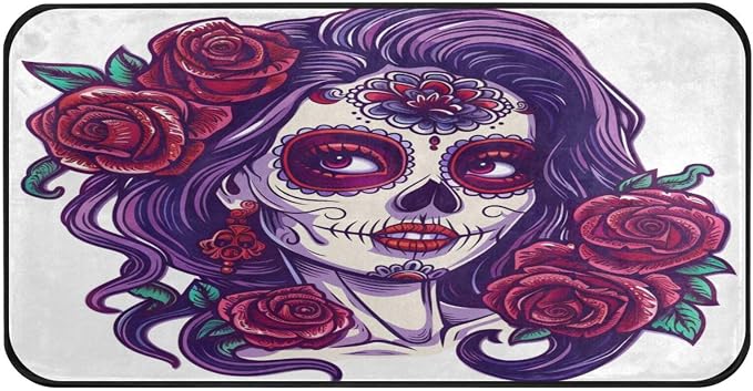 ALAZA Kitchen Mats, Sugar Skull Girl with Roses Day of The Dead Floor Mat for Kitchen, Bathroom, Bedroom, 39x20 inch - skull toilet mat