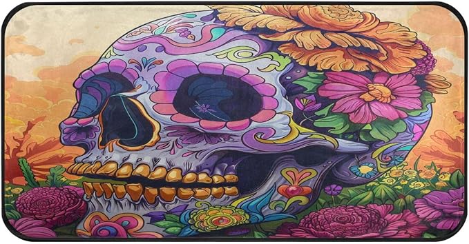 ALAZA Kitchen Mats, Skull Day of The Dead Art Floor Mat for Kitchen, Bathroom, Bedroom, 39x20 inch - skull toilet mat