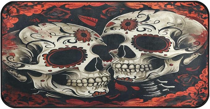 ALAZA Kitchen Mats, The Day of Dead Halloween Skull and Skeleton Floor Mat for Kitchen, Bathroom, Bedroom, 39x20 inch - skull toilet mat