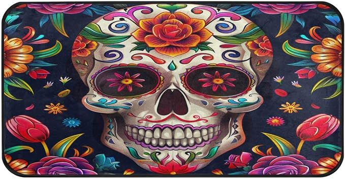 ALAZA Kitchen Mats, Sugar Skull The Day of Dead Floral Floor Mat for Kitchen, Bathroom, Bedroom, 39x20 inch - skull toilet mat
