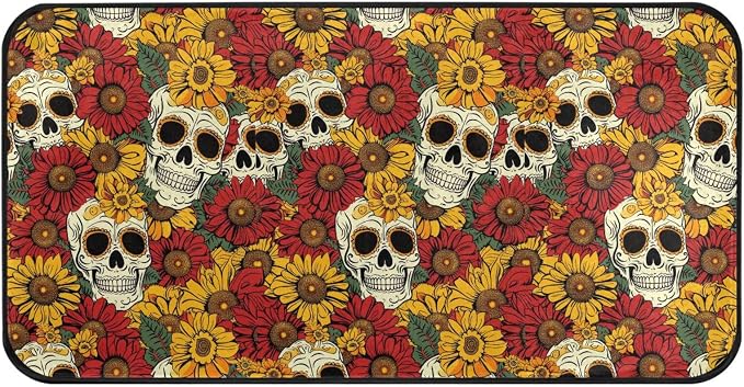 ALAZA Kitchen Mats, Dia De Los Day of The Dead Muertos Skull Flower Seamless Floor Mat for Kitchen, Bathroom, Bedroom, 39x20 inch - skull toilet mat