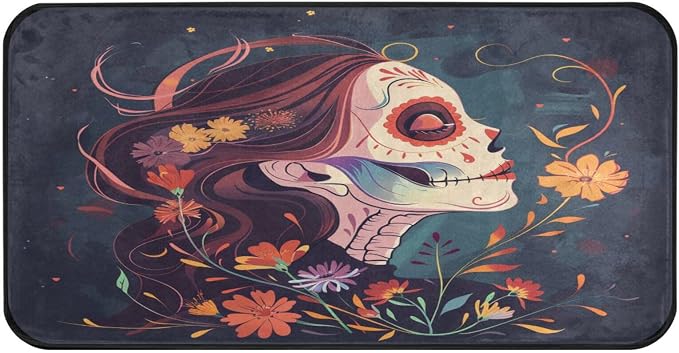 ALAZA Kitchen Mats, Skull Girl Flower Day of The Dead Floor Mat for Kitchen, Bathroom, Bedroom, 39x20 inch - skull toilet mat