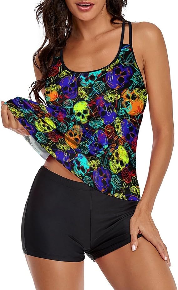 Womens Tankini Swimsuits for Women Two Piece Tummy Control Bathing Suits Swim Tank Top with Boyshorts - skull swimsuit