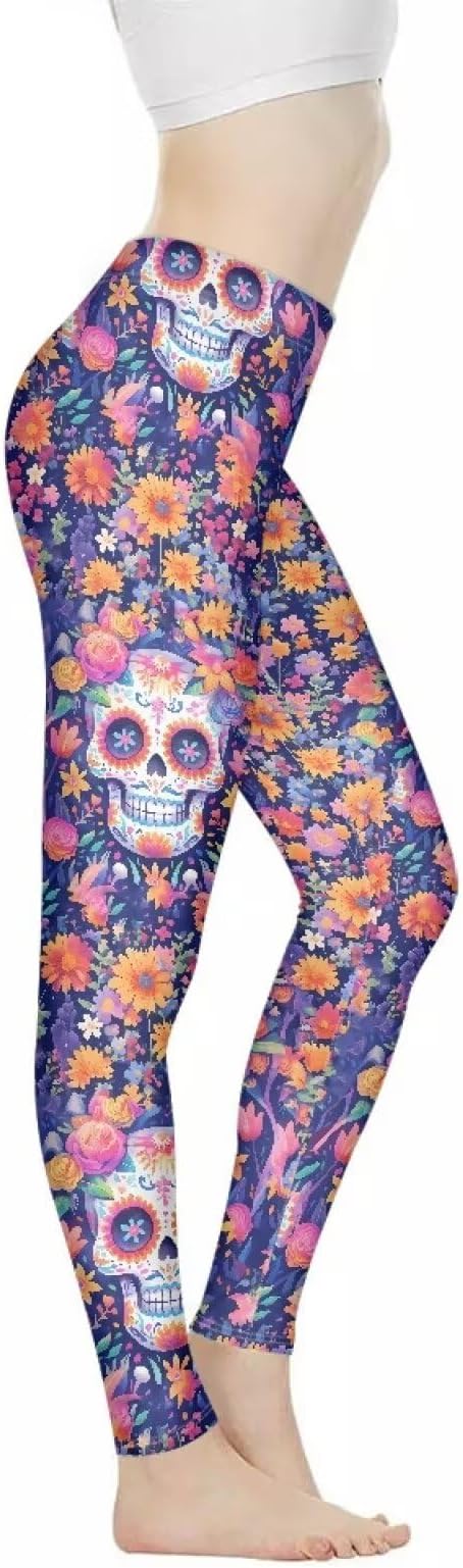 Star Cluster Women's High Waisted Leggings, Dog Paw Piggy Tummy Control Yoga Pants Skull Floral Athletic Leggings - skull leggings