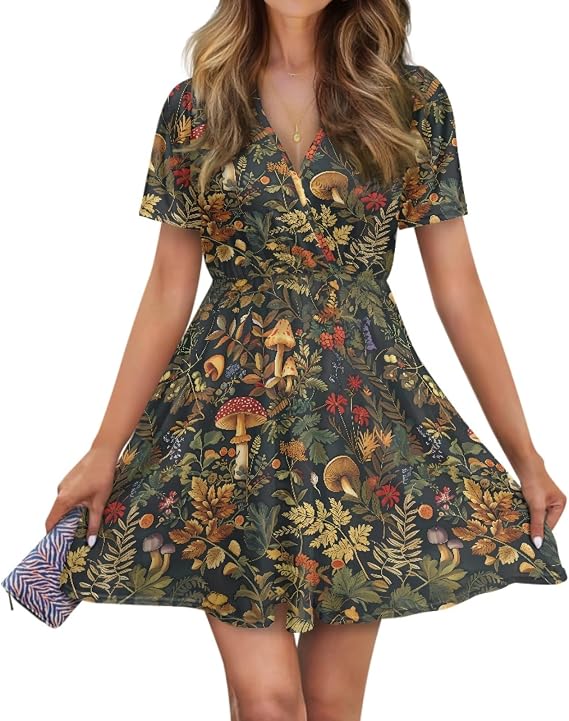 Women's Summer Dress Short Sleeve Wrap V Neck A Line Mini Dress - sugar skull dress