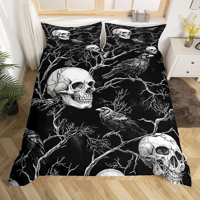 Manfei Gothic Skull Duvet Cover King Size for Kids Boys Men Teens,Black Crow Exotic Birds 3 Pcs Quilt Cover,Vintage Jungle Branch Soft Bedding (Not Comforter),Halloween Themed Comforter Cover - skull bedding
