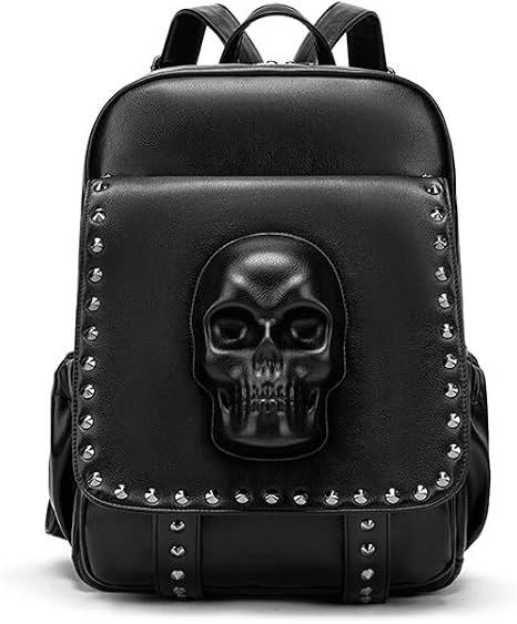 3D Gothic Skull Backpack for Women – Studded Punk Rock PU Leather Fashion Daypack with Hidden Anti-Theft Pocket, Fits A4 & 13” Laptop, Black - skull backpack