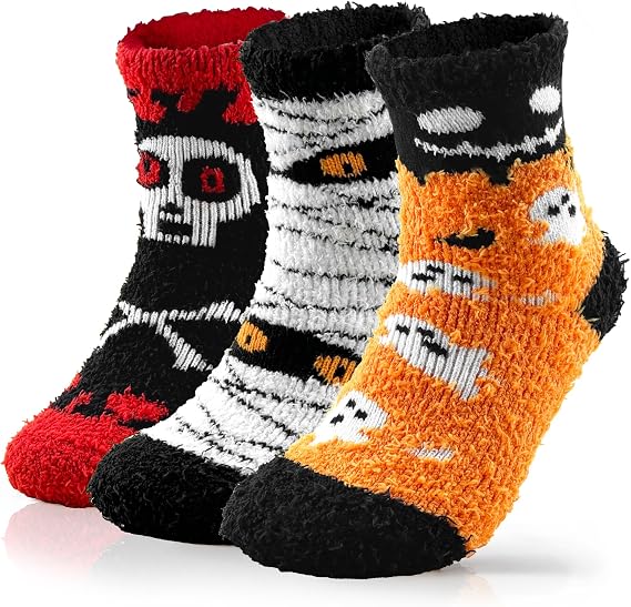 72-Needle Halloween Fuzzy Socks for Women – 3 Pairs Cozy Plush Crew - sugar skull costume
