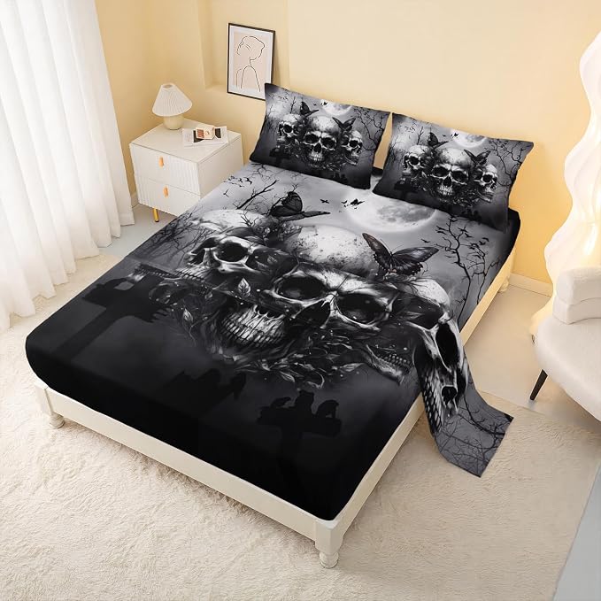 AILONEN Goth Skull Bedding Set King Size for Boys,Kids Black Skull Fitted Sheet + Flat Sheet + 2 Pillowcases,16" Deep Pocket Terror Death Moth Skeleton Bed Sheet Set - skull bedding