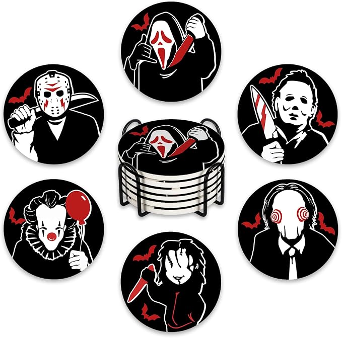 Pycat Halloween Horror Movie Characters Drink Coasters with Holder Set of 6 - skull coaster