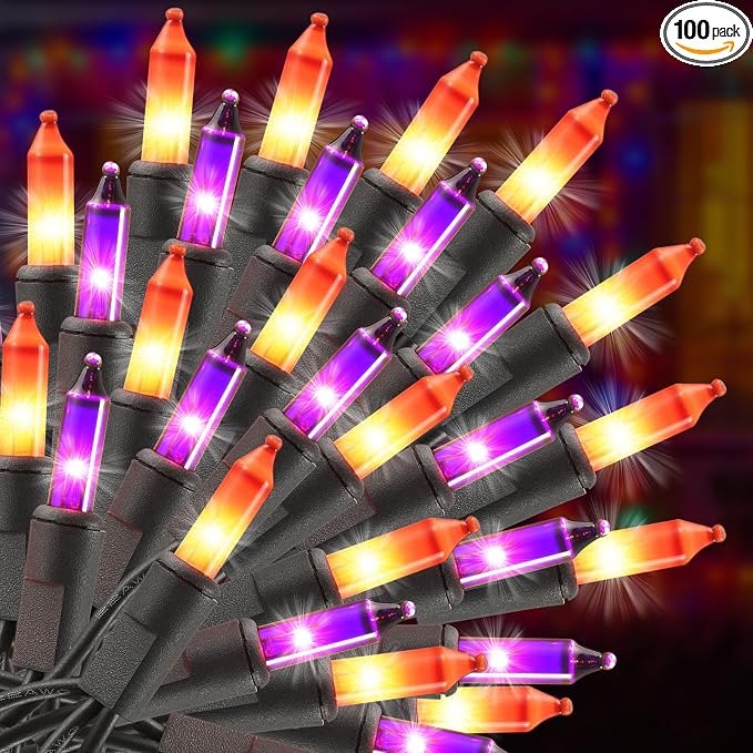 TIGOMOOV Purple Orange Halloween String Lights Plug in, 100 Count 21ft Mini Incandescent Spooky Lights with Black Wire, UL-Listed Connectable for Halloween Decorations, Porches, Patios, Trees - string light