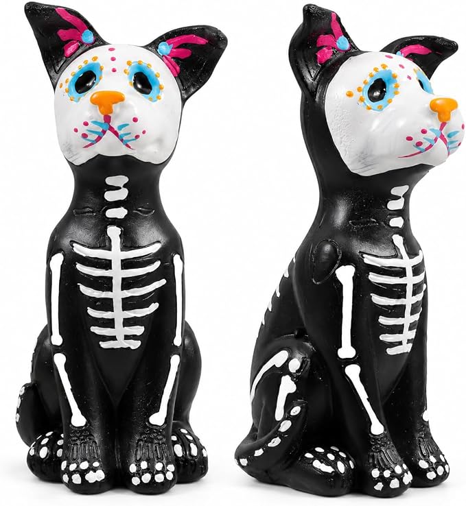 2 Pcs Skeleton Dog Statue Resin, Black Small Halloween Figurines 5.5x2.48in - skull figurine