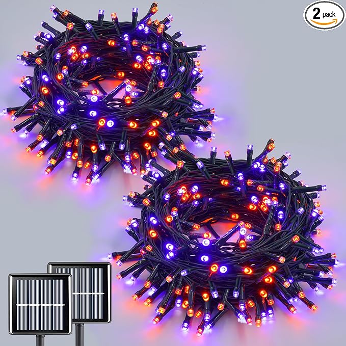QITONG Solar Halloween String Lights, 2 Pack Each 66ft 200 LED Orange and Purple led Lights Outdoor Waterproof, 8 Modes Solar Twinkle Lights for Garden Patio Yard - string light