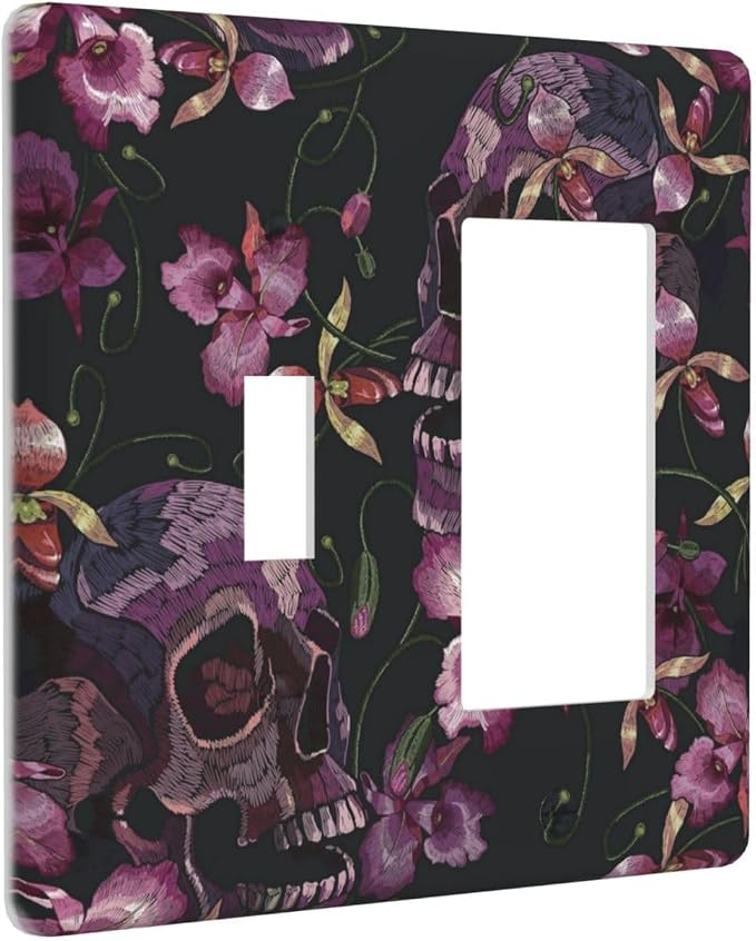 Gothic Skull Floral Flower 2 Gang Single Toggle/Rocker Combination Light Switch Cover Decorative WallPlate Switchplates Electrical Faceplate Sugar Skull Rose Purple Farmhouse Bathroom Kitchen Decorate - skull plate