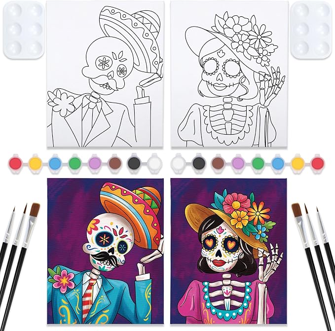 VOCHIC 2 Pack Sip and Paint Kit for Adults Pre Drawn Canvas to Paint Art Painting Party Set Couples Date Night Day of the Dead Dia de Los Muertos Sugar Skull 8 x10 in - skull painting