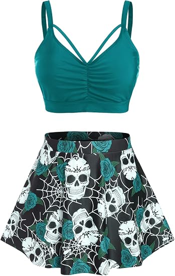 Rosegal Women Plus Size Gothic Tankini Swimsuit Rose Skulls Printed Ruched Two Piece Bathing Suits - skull swimsuit