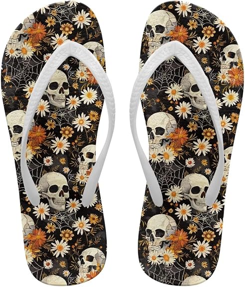 Customized Flip Flops for Women Comfortable Sandals Shower & Walking White Thong Sandals Size 35-40 - sugar skull costume