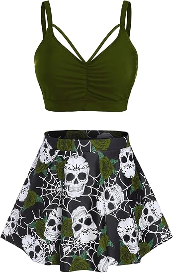 Rosegal Women Plus Size Gothic Tankini Swimsuit Rose Skulls Printed Ruched Two Piece Bathing Suits - skull swimsuit