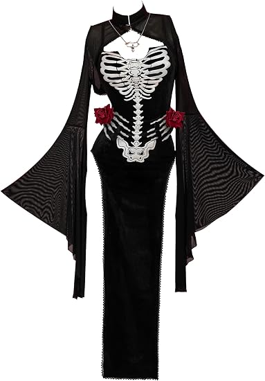 MEOWCOS Maxi Bodycon Dress Long Slit Gothic Skull Print Halloween Costume - sugar skull dress