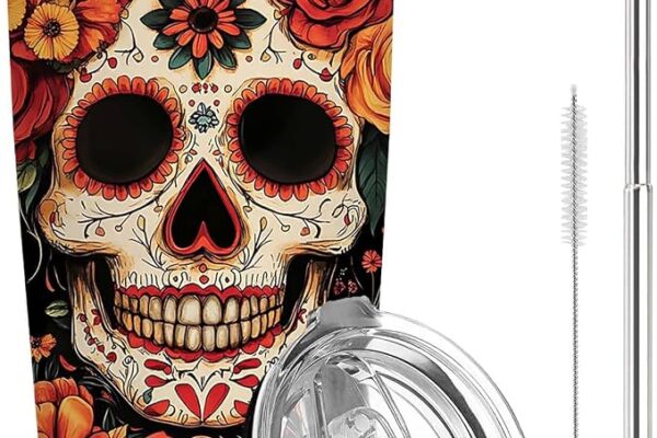 Sugar Skull Tumbler 20oz Stainless Steel Tumbler with Straw, Floral Skull Design Insulated Travel Cup, Day of the Dead Gothic Drinkware for Women Men, Coffee Cup Water Bottle for Home Office